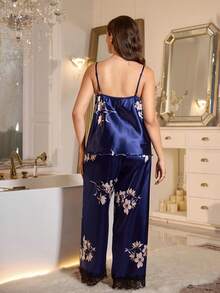 SHEIN MuseNap CURVE Elegant Satin Printed Lace V-Neck Camisole & Long Pants Plus Size Pajama Set - Blue - View 3