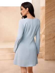 Modelyn French Elegant Women's Straight Suit Dress With Metal Decor Button - Baby Blue - View 2