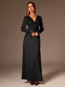 Avantive Vestido Elegante de Manga Longa com Decote em V e Pregas em Cor Sólida para Mulheres - Preto - Visão 3