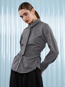 COUREZ Long Sleeve Cinched Waist Check Shirt With Front Tie Detail /Y2K Casual Going Out Tops Sexy Party Party Top Elegant Women's Blouses Plaid Shirt Summer Tops - Grey - View 4