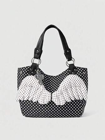 1 pieza Bolso de tela con decoración de alas de ángel, nota musical y corazón en estilo retro pop art, lunares y estética Y2K Baddie Harajuku, adecuado para universidad, compras, anime, ir al trabajo, cabe laptop