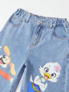 SHEIN 女童时尚可爱卡通动物印花水洗浅蓝色宽松松紧腰牛仔裤 - 淺色水洗藍 - 查看 7