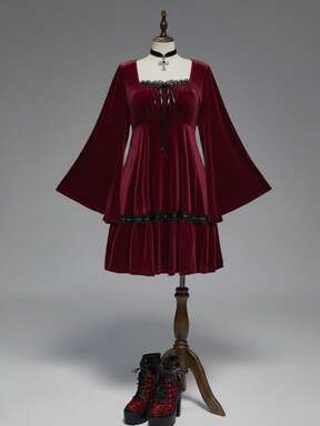 Goth Plus Size Vintage Romantic Dark Sweet Flare Sleeve Velvet Waist Dress, Birthday Dress/Christmas