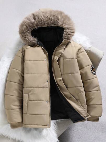 Teen Boy 1pc Black Thermal-Lined Hooded Parka With Fur Collar For Teenage Boys, Fashionable Loose Fit Padded Coat Suitable For Autumn/Winter, Outdoor, Travel, School And Various Occasions