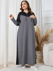 SHEIN Lacomfia 大码休闲针织提花拼色连帽长袖宽松中长连衣裙，春秋季 - 彩色 - 查看 3