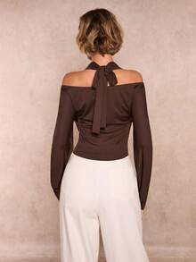 SHEIN Glamour Women's Cowl Neck Long Sleeve Top, Suitable For Daily Wear And Parties, Winter - Brown - View 6