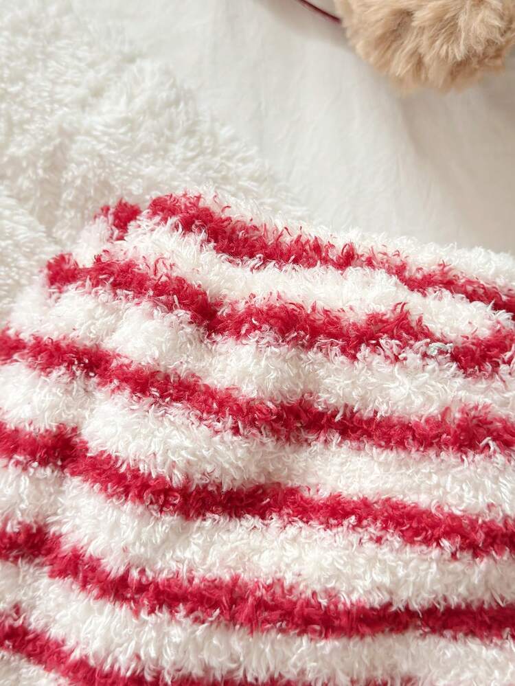 2 件套青少年女孩可爱熊图案圆领长袖上衣和休闲条纹宽松裤睡衣套装，舒适家居服 - 米色 - 查看 8