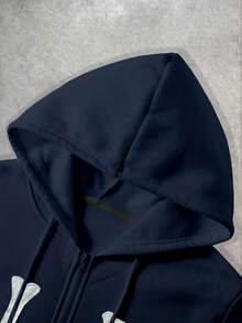 Manfinity Dauomo 男士外套上衣，秋冬季，藏蓝色图案设计，字母印花，街头摄影，返校季，时尚简约百搭，秋季夹克，休闲装，运动风，连帽拉链卫衣 - 藏蓝色 - 查看 5