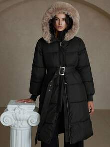 Chiquease 女士高级加厚羽绒服，长款，收腰设计，修身剪裁，可拆卸毛领，宽松版型 - 黑色 - 查看 4