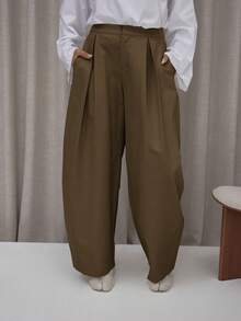 MUSERA Pleated Wide Balloon Leg Suit Trousers Classy Cute Sexy Streetwear Fall Autumn Night Out  Party Spring - Brown - View 2
