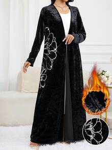 Al Najma Women's Velvet Patchwork Sequin Floral Pattern Open Front Abaya - Black - View 1