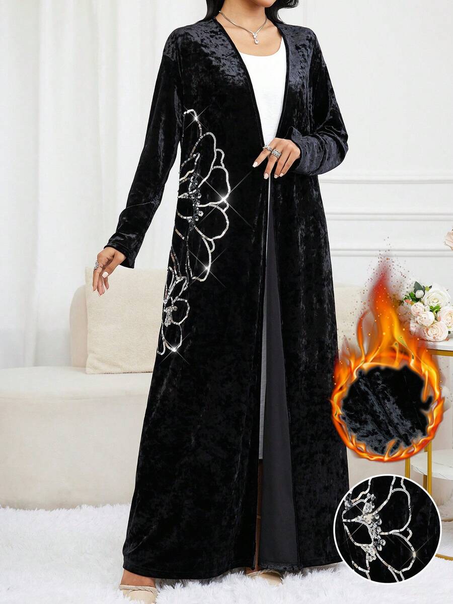 Al Najma Women's Velvet Patchwork Sequin Floral Pattern Open Front Abaya - Black - View 1