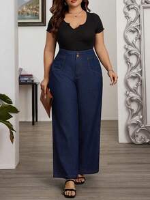 EMERY ROSE Plus Size  Wide Leg Jeans Women Dark Blue Wash-Through Commuter Jeans - Dark Wash - View 5