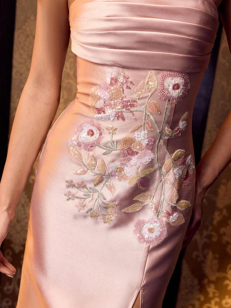 MOTF Soiréza WOMEN'S RUCHED BUST STRAPLESS FLOOR-LENGTH PARTY GOWN , BACK LACE-UP DETAIL, VIBRANT SEQUIN FLORAL APPLIQUES, SATIN HIGH SIDE SLIT & FORM-FITTING SILHOUETTE , PERFECT FOR WEDDINGS, GALAS & FORMAL EVENTS , PAIR WITH STRAPPY HEELS & STATEMENT JEWELRY