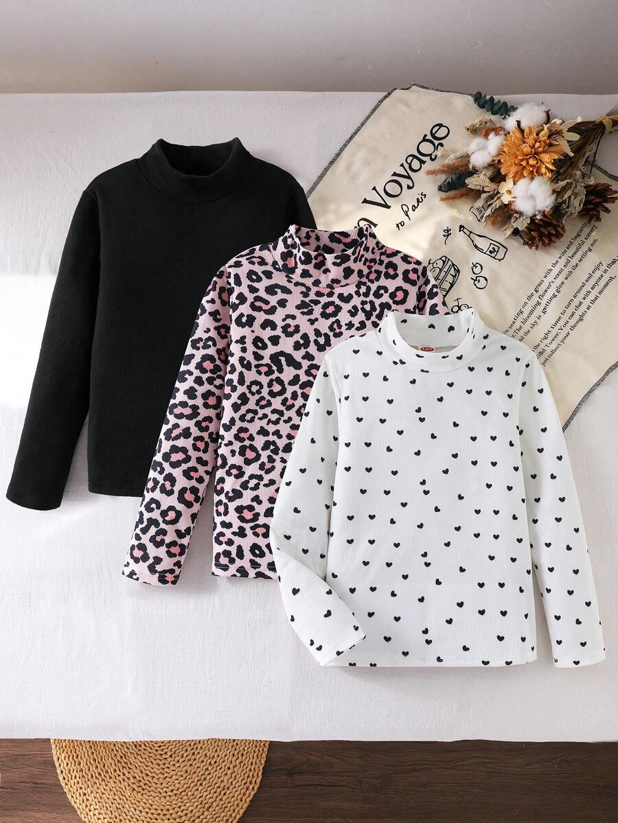Sparklyn 3pcs/Set Tween Girls Stand Collar Ribbed Long Sleeve T-Shirts, Versatile Layering Tops For Autumn/Winter - Multicolor - View 1