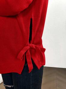 SHEIN Maternity Casual Solid Color Drawstring Crew Neck Long Sleeve Sweater, Autumn/Winter - Red - View 5