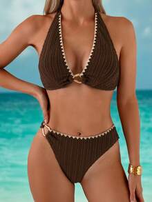 Swim Basics Spring/Summer Coffee Brown Special Fabric Gold Accessory Shell Crafted Tie-Up Backless Triangle Bikini Set, Mature Women Style - Coffee Brown - View 6