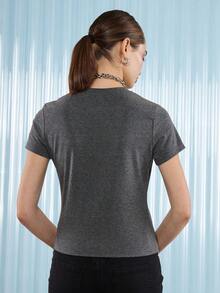 COUREZ Áo thun tay ngắn dáng suông in họa tiết phía trước / Áo kiểu mùa xuân Y2K / Áo đi chơi / Áo dự tiệc / Áo gợi cảm / Áo thun in hình / Áo nữ dễ thương - Màu tím - Xem 3