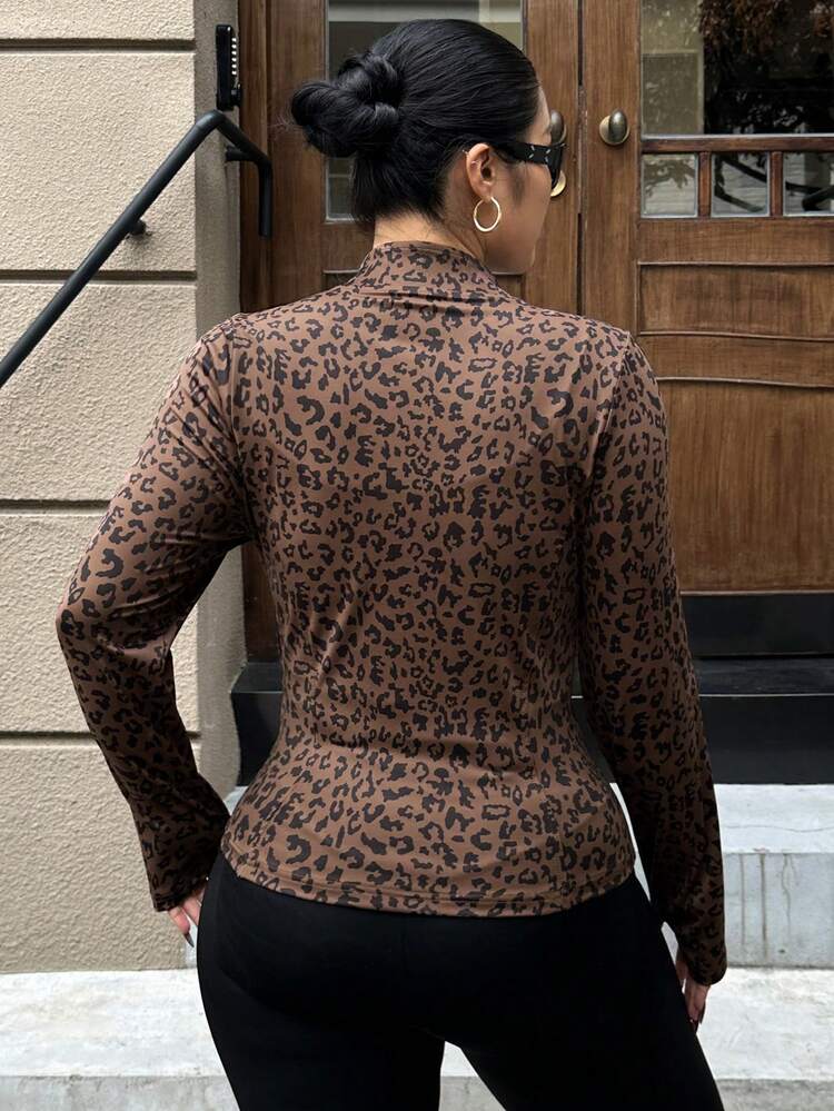 Dazy Plus Plus Size Women Leopard Print Elastic Fitted Zip-Up Casual Jacket, Spring/Autumn Women Coats