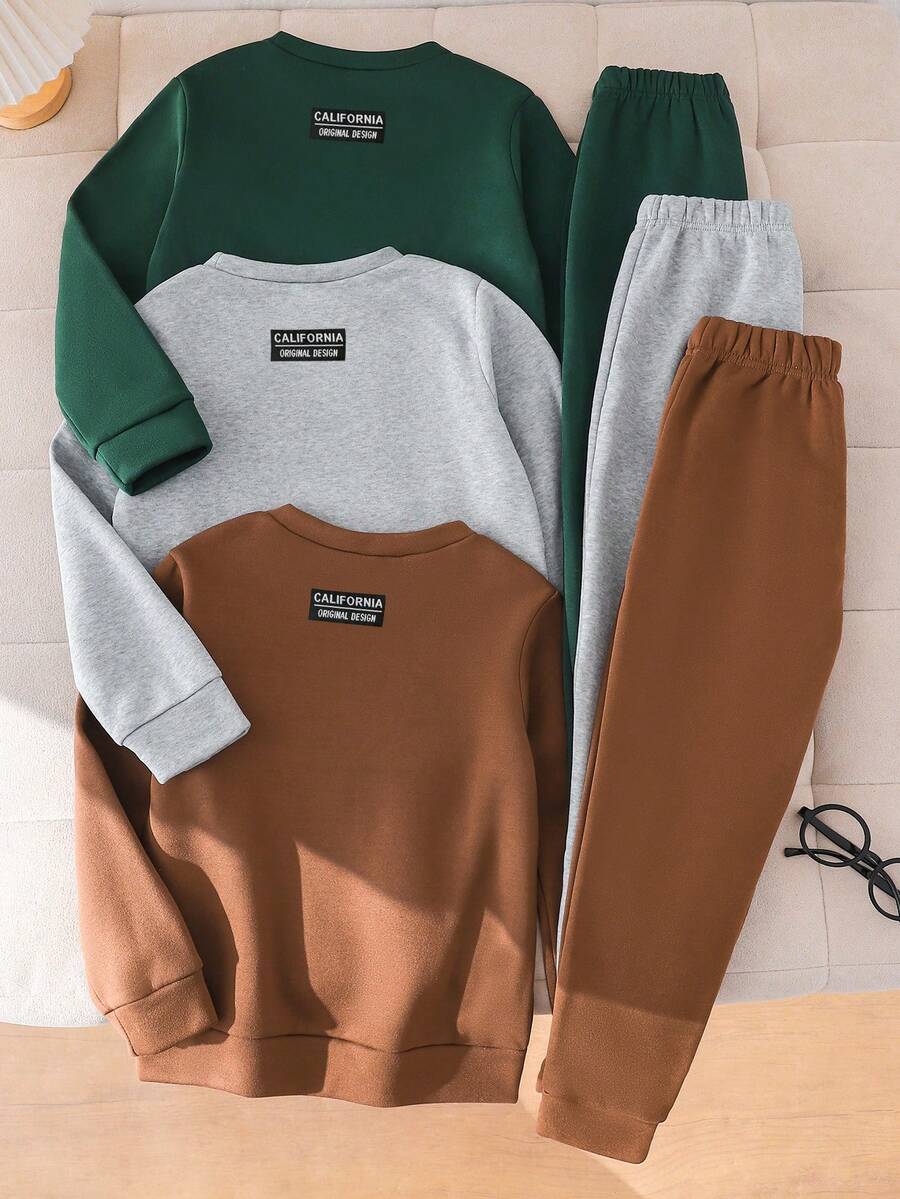 SHEIN 6 件儿童/青少年男童休闲纯色百搭长袖连帽衫和松紧腰裤百搭套装,3 种颜色(红色、黑色、灰色),适合通勤、上学、休闲、旅行、运动、所有季节 - 彩色 - 查看 1