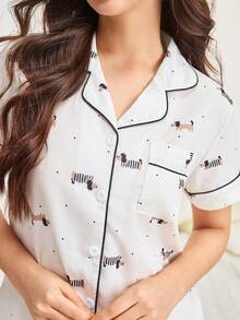 Bonmuse 2pcs/Set Print Women Pajama Set, Lightweight Bubble Crepe Short Sleeve Collared Cardigan Top And Loose Shorts, Casual Sleepwear And Loungewear Set, Suitable For All Seasonsfor Summer - White - View 5