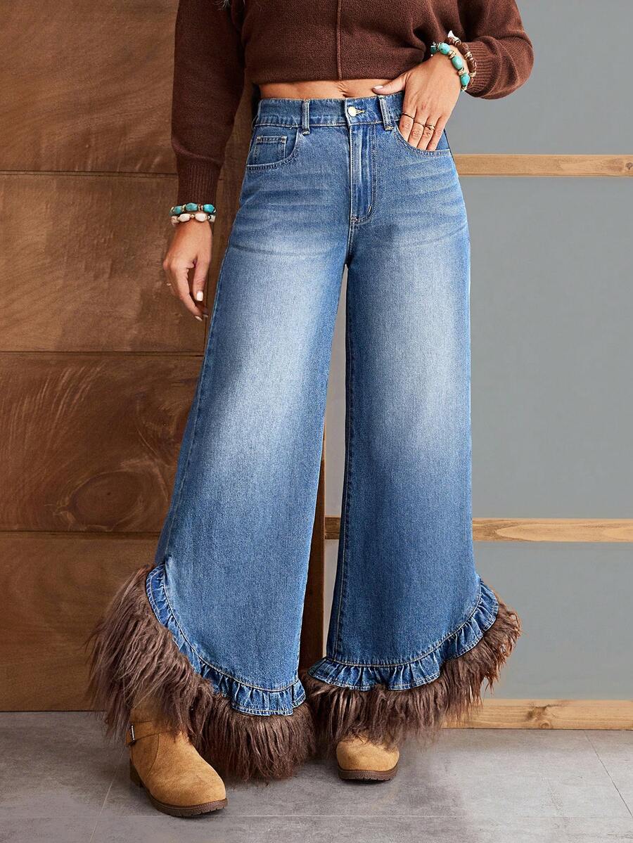 EMERY ROSE 女士休闲度假流苏边阔腿牛仔裤 - 藍色 - 查看 1
