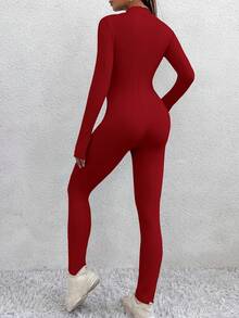 SHEIN PETITE Autumn/Winter Zipper Long Sleeve Sportswear Casual Naked Feel Thermal Lined Skinny Elastic Jumpsuit - Red - View 2