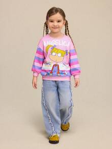 Nick 90s | SHEIN Young Girl Cartoon Striped Patchwork Angelica Print Loose Fit Crew Neck Pullover Sweatshirt, Autumn/Winter - Pink - View 3