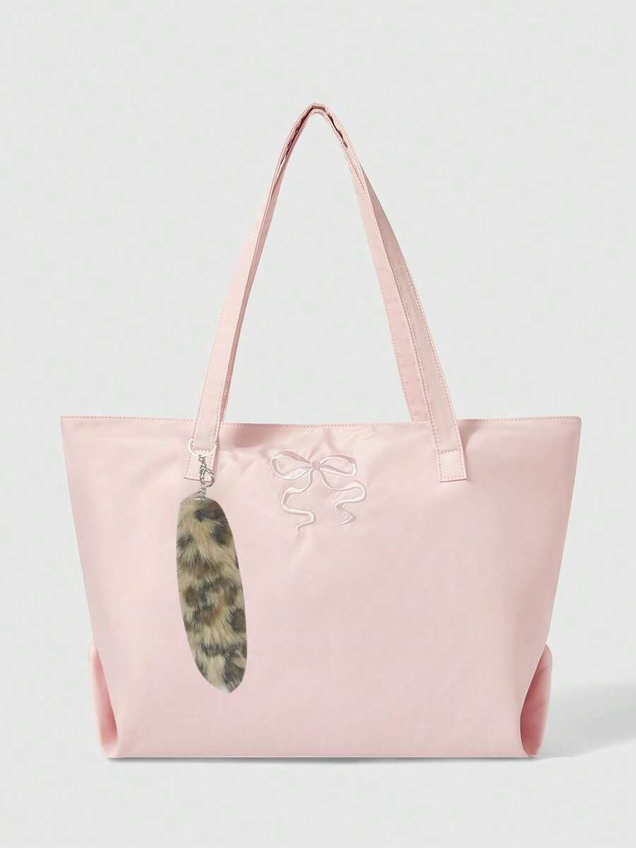 ROMWE Kawaii Túi đeo vai cỡ lớn họa tiết hoa 84225 - Thêu nơ, Túi tote vải Oxford thời trang, Túi tote thời trang có khóa kéo, Ví nơ thời trang cho nữ, Túi tote cho nữ, Vật dụng cần thiết cho sinh viên - Màu Hồng baby - Xem 1