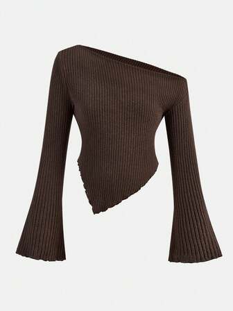 Firerie Kids Tween Girl Casual Brown Knit Asymmetric Neck Curved Hem Fitted T-Shirt