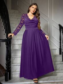 Ellevyn Vestido elegante de manga larga con cuello en V, encaje de contraste y pliegues para mujer de talla grande