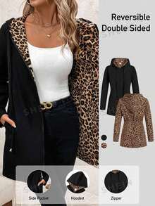 SHEIN Clasi Plus Size Women's Reversible Zip-Up Drawstring Hooded Jacket, Autumn/Winter - Multicolor - View 1