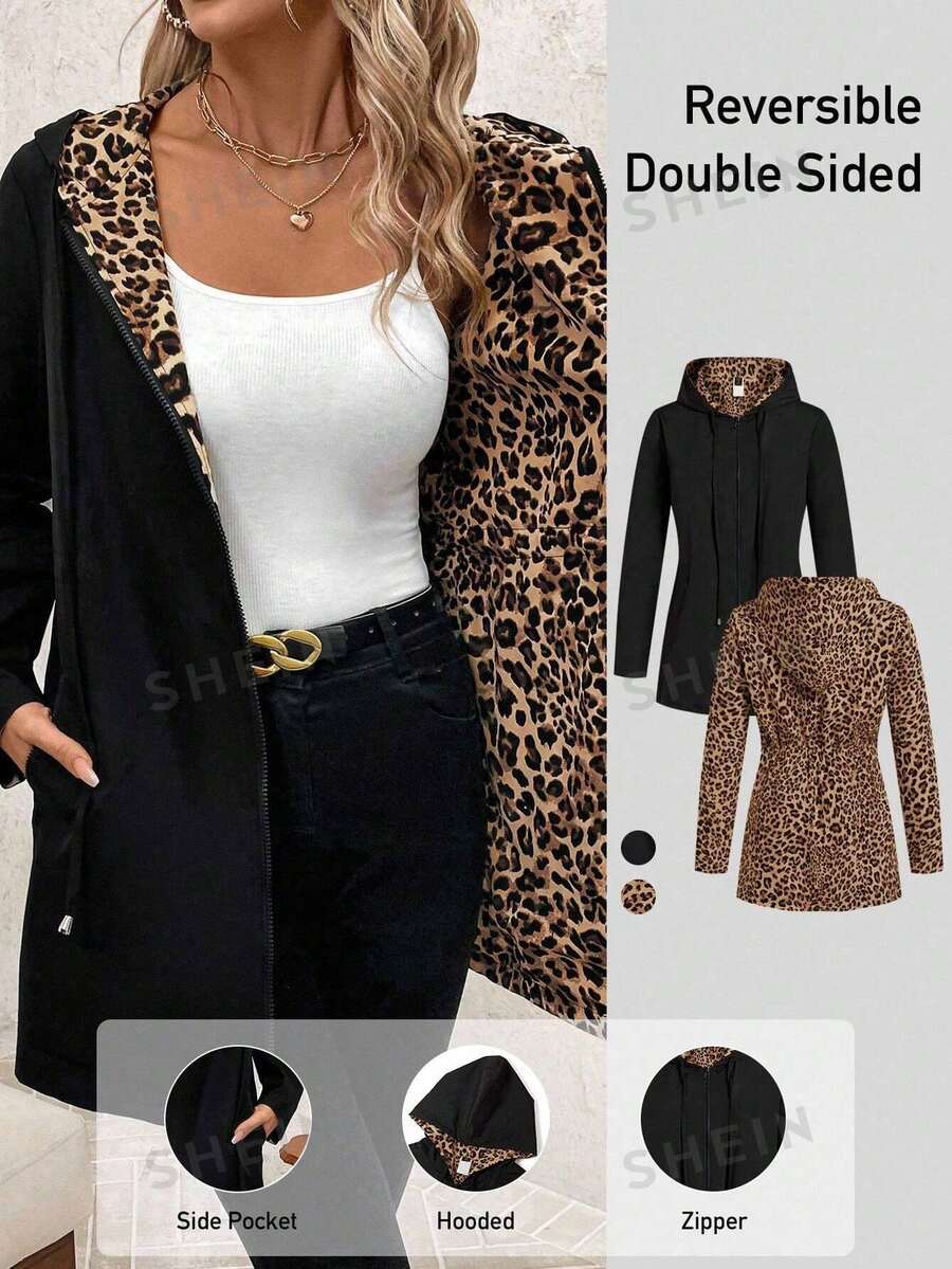SHEIN Clasi Plus Size Women's Reversible Zip-Up Drawstring Hooded Jacket, Autumn/Winter - Multicolor - View 1