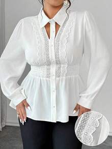 Elenzga Große Größen Bluse mit umklappbarem Kragen, Zierperlenkette aus Kunststoff, Spitzenbesatz, langen Ärmeln, Rüschenmanschetten, taillierter A-Linien-Schnitt, elegant für Ausflüge, Pendelfahrten, Treffen und Verabredungen, Cut-Out - Weiss - Übersicht 5