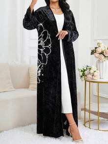 Al Najma Women's Velvet Patchwork Sequin Floral Pattern Open Front Abaya - Black - View 5