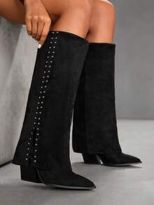 CUCCOO SZL Botas altas de mujer con puntera puntiaguda y tachuelas de moda - Negro - Ver 8