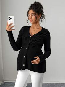 Momance Maternity Solid Color Long Sleeve Single-Breasted Casual Knit Cardigan, Autumn/Winter - Black - View 3