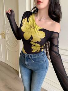 Modelyn Women's Solid Color Mesh Contrast Mesh Printed Asymmetric Ruched Minimalist Sexy T-Shirt - Yellow - View 9