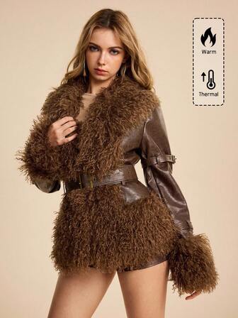 EDITION Hippie Chic Women's Faux Fur Jacket With Metal Buckle Waist Closure And Lapel Collar