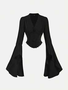 SHEIN MOD 收腰撞色喇叭袖衬衫 - 黑色 - 查看 5
