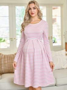SHEIN Maternity Striped Round Neck Long Sleeve Pleated Casual Nursing Dress Lingerie Lingerie Set Underwear Women Pajama Pajama Dress Loungewear Nightgown Robe Sleepwear Sleepwear Set Tank Top With Bra - Pink - View 7