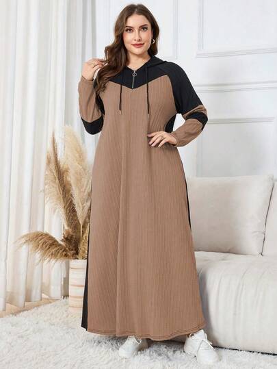 Lacomfia Vestido holgado de manga larga con capucha, de punto jacquard con bloques de color, de corte regular, talla grande, para primavera/otoño