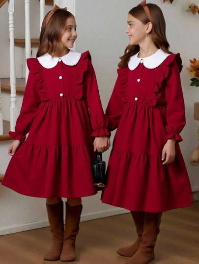 SHEIN 女童复古甜美洛丽塔连衣裙 | 白色彼得潘领，饰有荷叶边 | 珍珠纽扣前襟 | 长款泡泡袖，袖口饰有荷叶边 | 飘逸的A字层叠裙摆 | 轻盈透气面料 | 优雅可爱的派对连衣裙 | 适合生日庆祝、儿童派对和日常穿着 | 春秋季百搭单品