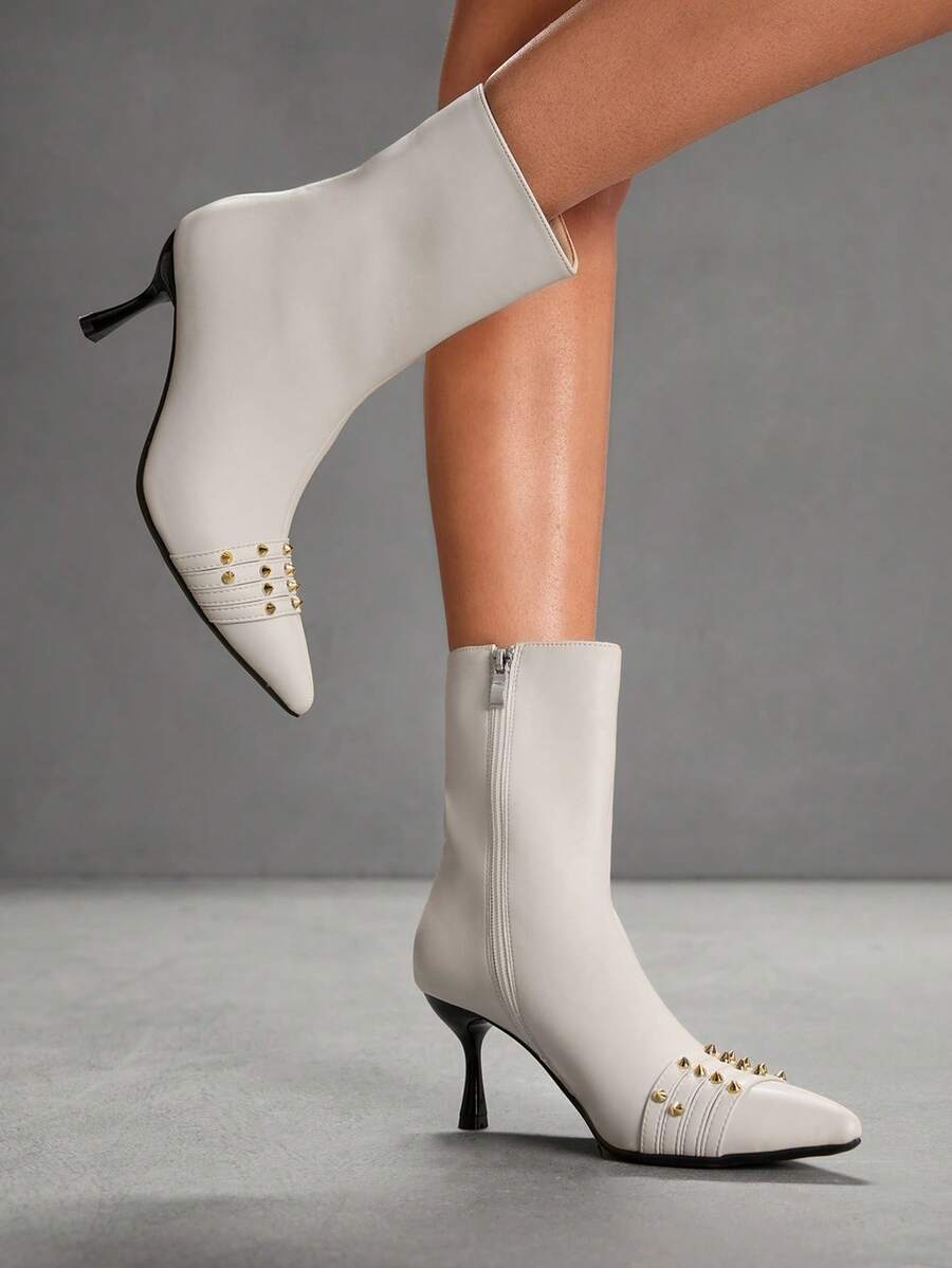 CUCCOO SZL Spitze Mittelhoch Absatz Stiefel für Frauen, modische professionelle weiche Leder Schlank Absatz Knöchel Stiefel, Herbst/Winter