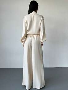 Firerie 女士优雅浪漫精致通勤办公休闲时尚新款翻领荷叶边长袖衬衫上衣搭配高腰阔腿裤两件套，秋冬款 - 杏色 - 查看 9