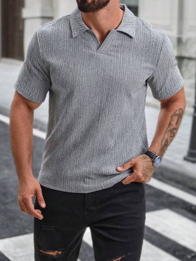 Manfinity CasualCool Men's Casual Versatile Short Sleeve V-Neck Polo Shirt, Summer Men Knit Shirt Grey Knit Short Sleeve Men Buttoned Knitted Polo Grey Shirt For Men Mens Short Sleeve Gray Shirt Old Money,Daily Leisure, Weekend Trips, Outdoor Activities, Travel Expeditions, Relaxed Work Environments Or Semi-Formal Occasions,Boyfriend/Husband Gift, Anniversary Gift Christmas Outfits