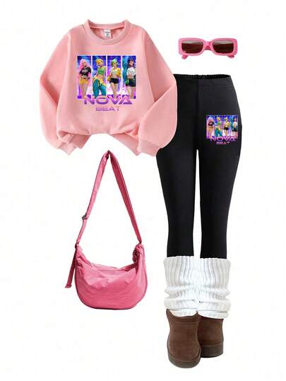 Set di felpa girocollo bianca soffice e leggings per ragazze giovani