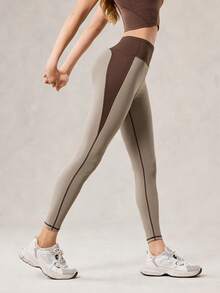 OutZeal 女士吸湿速干收腹后口袋撞色户外紧身裤，秋冬季 - 咖啡棕 - 查看 7