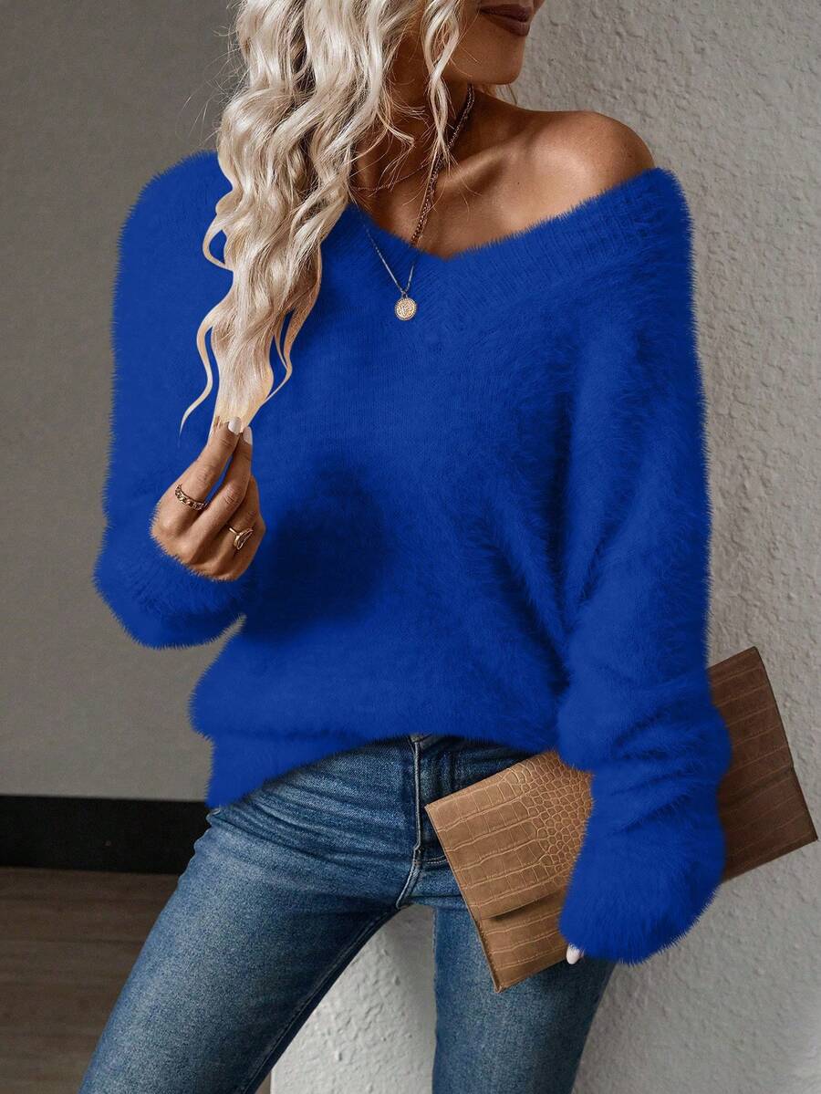EMERY ROSE Women's Navy Blue V-Neck Simple Versatile Knit Sweater - Blue - View 1