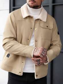 Manfinity CasualCool Áo khoác nam dài tay cổ lông lót giữ nhiệt, kiểu dáng thường ngày, cài cúc một hàng, màu kem, thích hợp cho mùa thu/đông. Áo sơ mi nam màu be cài cúc, phong cách đường phố, cổ điển, thích hợp cho mặc hàng ngày, đi chơi cuối tuần, hoạt động ngoài trời, du lịch, môi trường làm việc thoải mái hoặc các dịp bán trang trọng, quà tặng cho bạn trai/chồng, quà kỷ niệm, quà Giáng sinh. - Màu Khaki - Xem 5